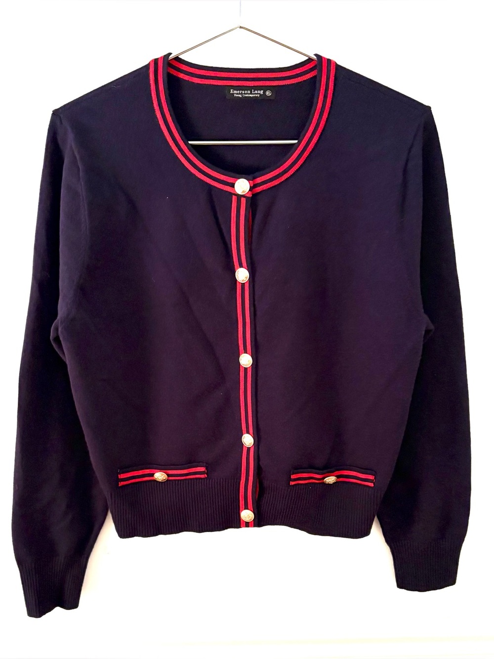 EMERSON LANG Young Contemporary Cropped Crewneck Knit Cardigan, navy, red, gold